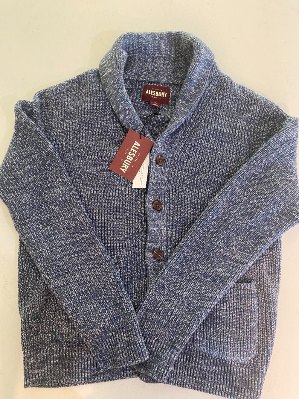 Alesbury Men's Blue/Cream Marled Knit Shawl Collar Button Cardigan Sz M Dadcore